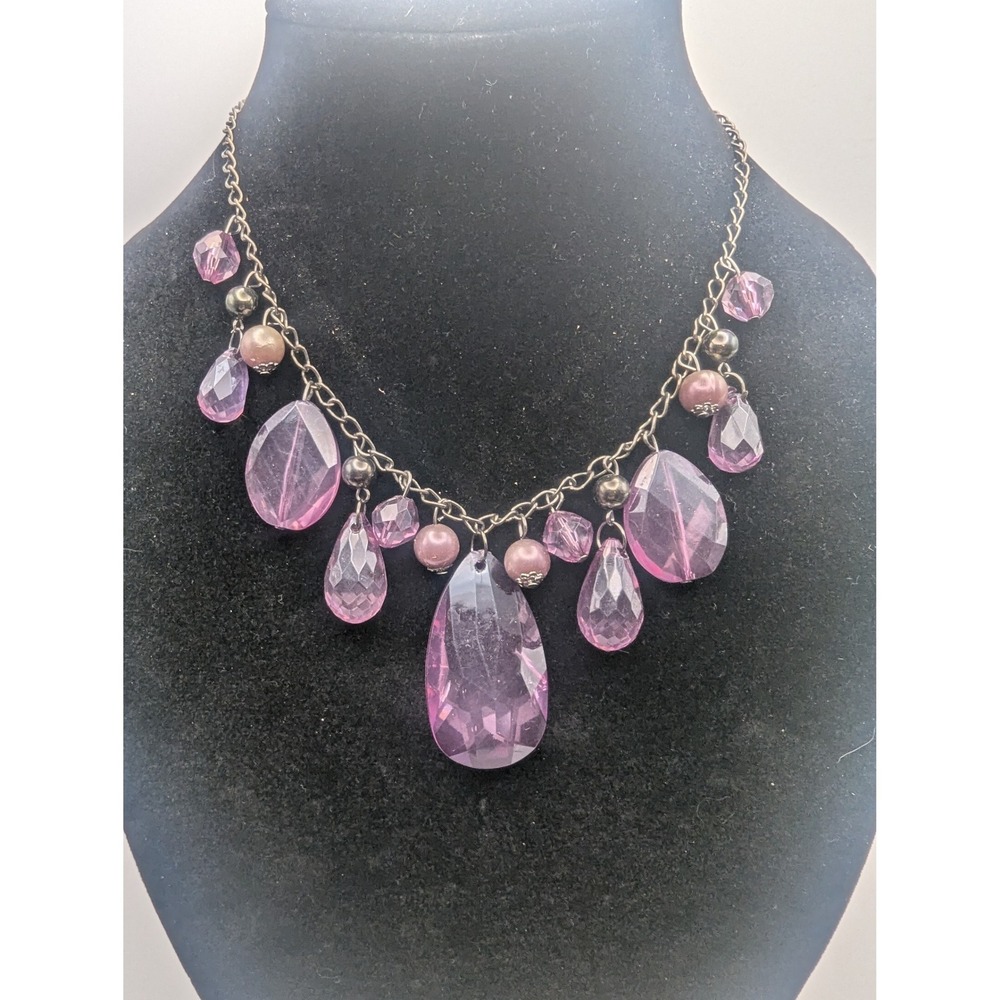 Sparkling Lavender Teardrop Gemstone Necklace and Earrings Set Silver Tone READ